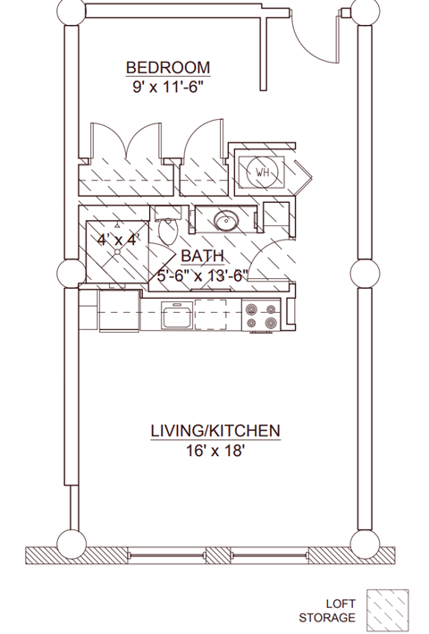 A floor plan of a small apartment with a bedroom, bathroom, living/kitchen area, and loft storage.